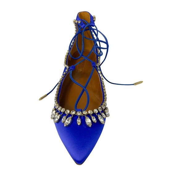 Aquazzura Royal Blue Crystal Embellished Satin Christy Jewel Flat - Picture 4 of 8